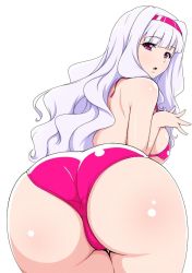  1girl ass ass_focus bare_arms bent_over bikini breasts from_behind headband huge_ass idolmaster idolmaster_(classic) jabara_tornado jpeg_artifacts long_hair looking_at_viewer looking_back open_mouth purple_eyes shijou_takane sideboob silver_hair simple_background solo source_request swimsuit thigh_gap trefoil white_background  rating:Questionable score:141 user:danbooru