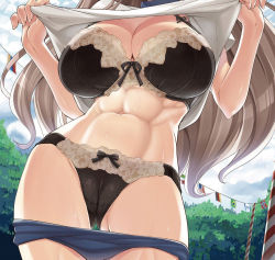  1girl abs bra breasts brown_hair cameltoe cleavage cleft_of_venus clothes_lift female_focus head_out_of_frame highres huge_breasts pussy long_hair muscular navel panties shirt_lift sorimura_youji sweat third-party_edit underwear  rating:Questionable score:119 user:Juni221