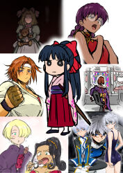  6+girls annoyed artist_request ass black_hair blonde_hair blue_hair bow braid breasts brown_eyes chinese_clothes clenched_hand eating expressionless feet fingerless_gloves food glasses gloves green_eyes grey_hair hair_over_one_eye hair_ribbon hand_on_own_hip headband highres iris_chateaubriand japanese_clothes japanese_text kanzaki_sumire kirishima_kanna large_breasts legs leni_milchstrasse long_sleeves looking_at_viewer looking_back maria_tachibana multiple_girls one-piece_swimsuit open_mouth orange_hair pachinko ponytail purple_eyes purple_hair red_bow ri_kouran ribbon sakura_taisen sega serious shaded_face shinguuji_sakura shoes short_hair sitting small_breasts socks soletta_orihime swimsuit sword tan thighs tomboy tongue tongue_out trembling twin_braids uniform weapon yandere 