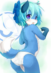  1girl ahoge animal_ears ass bad_id bad_nicoseiga_id blue_hair blush blush_stickers bow breasts circled_9 cirno cowboy_shot embarrassed fingernails fox fox_ears fox_tail furrification furry furry_female hair_bow hair_ornament kagerofu looking_at_viewer looking_back nail nose open_mouth panties short_hair sideboob small_breasts solo tail touhou transparent underwear white_panties wings  rating:Sensitive score:107 user:danbooru