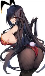  1girl animal_ears arched_back azur_lane black_hair black_thighhighs breasts fishnet_pantyhose fishnets from_behind holding holding_own_hair large_breasts leaning_over leotard licking_lips long_hair looking_at_viewer nakatama_kyou pantyhose playboy_bunny rabbit_ears rabbit_tail red_eyes see-through see-through_legwear shaded_face sideboob simple_background solo taihou_(azur_lane) tail thighhighs tongue tongue_out unfinished very_long_hair white_background 