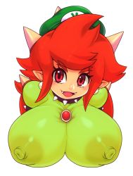  1girl blush breasts choker covered_erect_nipples dress fangs green_dress hat highres huge_breasts koopa_peach mario_(series) mato_spectoru nintendo nipples open_mouth red_eyes red_hair see-through smile spiked_choker spikes super_mario_odyssey 