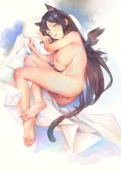 1girl animal_ears anus bigrbear black_hair black_wings breasts cat_ears cat_tail cleft_of_venus completely_nude extra_ears green_eyes highres large_breasts long_hair lying nipples nude on_side open_mouth original pillow pussy solo tail uncensored wings rating:Explicit score:41 user:danbooru