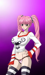  1girl black_eyes blush breasts covered_erect_nipples embarrassed groin hand_on_own_hip highres hip_focus large_breasts legs lipstick long_hair long_sleeves looking_at_viewer makeup navel nel-zel_formula one_piece panties perona pink_hair pink_panties simple_background solo standing striped_legwear thighs thriller_bark twintails underwear  rating:Questionable score:101 user:Ynyswydryn