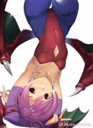  1girl akisa_yositake armpits arms_behind_head bat_wings breasts capcom covered_navel demon_girl fingerless_gloves gloves highres legs leotard lilith_aensland looking_at_viewer lying purple_hair red_eyes short_hair small_breasts smile solo thick_thighs thighs toned vampire_(game) wide_hips wings 