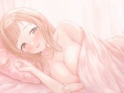  1girl armpits blanket blush breasts cleavage collarbone completely_nude covered_erect_nipples gameso highres idolmaster idolmaster_shiny_colors large_breasts light_brown_hair looking_at_viewer lying nude on_bed on_side pillow pink_blanket pov_across_bed sakuragi_mano smile solo straight_hair  rating:Questionable score:24 user:danbooru