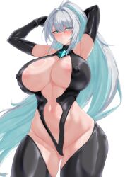  1girl aqua_eyes arms_up black_ark_ranger_(nikke) blush breasts covered_erect_nipples cowboy_shot cream_cod elbow_gloves gloves goddess_of_victory:_nikke hair_intakes highres huge_breasts impossible_clothes long_hair looking_at_viewer simple_background standing thighs very_long_hair white_background white_hair 