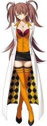  1girl bra breasts brown_hair dr._arach high_heels highres lab_coat lace lace_bra large_breasts long_hair non-web_source official_art orange_vest takeuchi_takashi thighhighs tsukihime tsukihime_(remake) underwear vest yellow_eyes 
