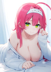  1girl ahoge alternate_costume animal_hairband bare_shoulders bed_sheet breasts cleavage closed_mouth collarbone commentary_request green_eyes hairband highres hololive indoors large_breasts looking_at_viewer lying mixed-language_commentary nyan_(reinyan_007) off_shoulder on_bed on_stomach paid_reward_available pink_hair sakura_miko shirt sleeves_past_wrists smile solo virtual_youtuber white_shirt  rating:Sensitive score:12 user:danbooru