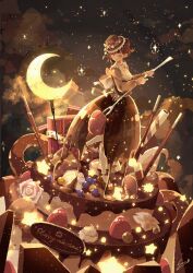  1girl atelier_umiyury blue_eyes blueberry bow brown_dress brown_hair brown_hat cake candy chocolate chocolate_cake cloud commentary crescent_moon dress english_commentary flower food fork fruit happy_valentine hat highres holding holding_fork long_sleeves moon night night_sky original oversized_food oversized_object pocky short_hair signature sky socks solo star_(sky) star_(symbol) starry_sky strawberry wafer_stick whipped_cream white_flower white_socks 