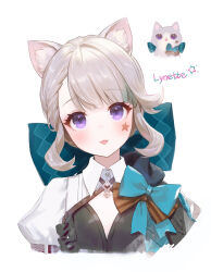  1girl :3 :p adelie_cat animal_ear_fluff animal_ears aqua_bow aqua_hair black_capelet black_leotard blunt_bangs blush bow braid braided_bangs brown_bow capelet cat cat_ears character_name closed_mouth commentary english_commentary eyelashes facial_mark frilled_leotard frills genshin_impact gradient_hair grey_hair highres leotard looking_at_viewer lynette_(genshin_impact) multicolored_hair parted_bangs puffy_sleeves purple_eyes shrug_(clothing) sidelocks simple_background single_braid smile solo star_(symbol) star_facial_mark tongue tongue_out upper_body white_background wing_collar  rating:General score:14 user:danbooru