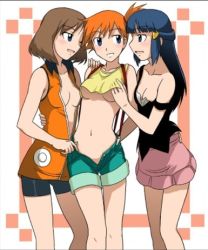    3girls blush breasts duplicate haruka_(pokemon) hikari_(pokemon) kakkii kasumi_(pokemon) lowres multiple_girls pokemon yuri  rating:Questionable score:59 user:SakuHinaTsuAnkoFan4life