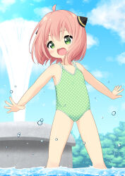  1girl anya_(spy_x_family) artist_name blue_sky blush child cloud cloudy_sky day fountain green_eyes green_one-piece_swimsuit hairpods highres medium_hair one-piece_swimsuit open_mouth outdoors outstretched_arms pila-pela pink_hair polka_dot_one-piece_swimsuit sky solo spy_x_family swimsuit teeth tree upper_teeth_only wading water_drop watermark 