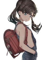  1girl backpack bag breasts brown_hair crime_prevention_buzzer from_side green_eyes hands_in_pockets highres loli long_hair looking_at_viewer naked_overalls original overalls ozzzzy randoseru simple_background small_breasts solo textless_version twintails upper_body white_background  rating:Questionable score:44 user:romantic_colors