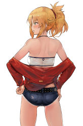  1girl ass back bandeau bare_shoulders belt blush braid breasts denim denim_shorts fate/apocrypha fate_(series) french_braid green_eyes hair_ornament hair_scrunchie highres jacket jewelry long_hair long_sleeves looking_to_the_side mordred_(fate) mordred_(fate/apocrypha) mordred_(memories_at_trifas)_(fate) necklace off_shoulder open_clothes open_jacket open_mouth ponytail red_jacket red_scrunchie scrunchie shorts simple_background small_breasts sumisu_(mondo) thighs 