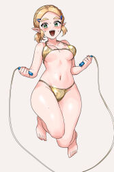  1girl :d bikini blonde_hair braid breasts commentary_request crown_braid exercising gold_bikini green_eyes hair_ornament hairclip halterneck highres holding_jump_rope jump_rope looking_at_viewer medium_breasts navel nintendo open_mouth parted_bangs pointy_ears princess_zelda short_hair smile sweat swimsuit the_legend_of_zelda the_legend_of_zelda:_tears_of_the_kingdom wasabi_(legemd) white_background 