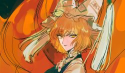  1girl animal_ears animal_hat black_background blonde_hair commentary_request fox_ears fox_tail frills hat kitsune minase_(mmakina) mob_cap multiple_tails short_hair smile solo tail touhou yakumo_ran yellow_eyes 