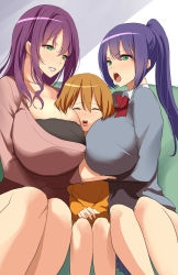 1boy 2girls age_difference assertive_female between_breasts black_bra blue_hair bra breast_smother breasts brown_hair closed_eyes face_to_breasts female_pervert gigantic_breasts girl_sandwich green_eyes head_between_breasts highres huge_breasts imminent_rape kloah legs long_hair looking_at_viewer mature_female multiple_girls open_mouth pervert ponytail purple_hair ribbon sandwiched shota sitting size_difference smile thighs underwear rating:Questionable score:190 user:joeyjoe