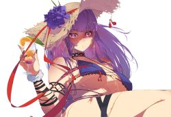  1girl absurdres bikini blush breasts closed_mouth fern_(sousou_no_frieren) flower hair_ornament highres initialdkirby jewelry large_breasts long_hair looking_at_viewer purple_eyes purple_hair ribbon self-upload simple_background solo sousou_no_frieren swimsuit very_long_hair white_background 