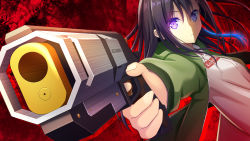 1girl apex_legends black_hair commentary_request green_jacket gun hair_between_eyes highres holding holding_gun holding_weapon ichinose_uruha iwamoto_sora jacket long_hair looking_at_viewer lupinus_virtual_games open_clothes open_jacket outstretched_arm purple_eyes red_background shadow shirt sidelocks solo titanfall titanfall_(series) titanfall_2 virtual_youtuber vspo! weapon white_shirt