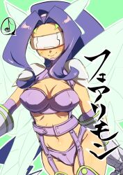  1girl blue_hair breasts character_name cleavage covered_erect_nipples digimon digimon_(creature) facial_mark fairimon fairy_wings head-mounted_display head_wings high_ponytail highres koutei_teki large_breasts long_hair multiple_wings musical_note navel panties purple_panties purple_tube_top revealing_clothes smile solo speech_bubble spoken_musical_note strapless translated tube_top underwear wings 