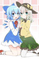  2girls :d aqua_eyes black_hat blue_bow blue_eyes blue_hair blush bow brown_footwear cirno closed_mouth dress floral_print green_skirt hair_bow hat hat_bow holding_hands ice ice_wings interlocked_fingers kneeling komeiji_koishi long_sleeves looking_at_viewer mary_janes multiple_girls open_mouth pantyhose red_footwear red_neckwear shoes short_hair silver_hair skirt sleeveless sleeveless_dress smile socks touhou white_legwear wings yellow_bow  rating:Sensitive score:3 user:danbooru