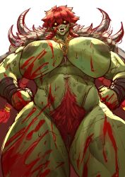  1509virgoart 1girl absurdres blood blood_on_arm blood_on_body blood_on_breasts blood_on_face blood_on_leg braid breasts bula_(virgoart1509) colored_skin excessive_pubic_hair female_orc female_pubic_hair from_below glowing glowing_eyes green_skin hands_on_own_hips highres huge_breasts jewelry looking_at_viewer looking_down muscular muscular_female navel necklace nipples open_mouth orc original pointy_ears pubic_hair red_pubic_hair simple_background solo teeth tusks twin_braids white_background yellow_eyes 