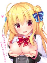  1girl absurdres ahoge blonde_hair blue_bow blush bow breast_hold breasts breasts_out cleavage collared_shirt commentary_request double_bun eyelashes eyes_visible_through_hair fingernails hair_between_eyes hair_bow hair_bun hamidashi_creative heart highres izumi_hiyori large_breasts long_hair long_sleeves looking_at_viewer nipples open_clothes open_mouth open_shirt red_bow red_eyes school_uniform sekine_irie shirt simple_background smile solo sweat translation_request two_side_up upper_body white_background white_shirt 