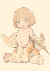 1girl animal_hands blue_eyes brown_hair centauroid feral_lemma flat_chest griffin loli monster_girl nipples nude original short_hair solo tail taur rating:Questionable score:57 user:danbooru