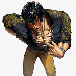  1boy bara clothes_pull collared_shirt feet_out_of_frame foreshortening highres houjoh_(7th-heaven) large_pectorals leaning_forward looking_at_viewer male_focus marshall_law muscular muscular_male pants pectoral_cleavage pectorals pulled_by_self seductive_smile shirt shirt_pull short_hair smile solo sunglasses tekken tekken_7 thick_eyebrows tsurime white_background 