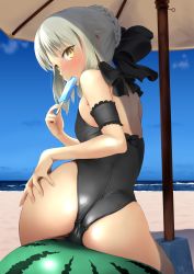  1girl arm_garter artoria_pendragon_(all) artoria_pendragon_(fate) ass beach black_one-piece_swimsuit blush bow day eating fate/stay_night fate_(series) food food_in_mouth from_behind fruit hair_bow hand_on_own_ass highres holding holding_food looking_at_viewer looking_back official_alternate_costume one-piece_swimsuit outdoors popsicle saber_(fate) saber_alter silver_hair sitting sky solo swimsuit umbrella wa_(genryusui) watermelon yellow_eyes  rating:Sensitive score:208 user:danbooru