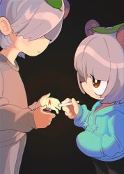  1boy 1girl animal_ears animal_nose anipoko black_background black_pants blue_hoodie blunt_bangs blush brother_and_sister brown_eyes cigarette covered_eyes facing_another feet_out_of_frame from_side gashi-gashi grey_hair grey_pants grey_sweater hair_over_eyes hand_in_pocket highres holding holding_cigarette holding_lighter hood hood_down hoodie leaf leaf_on_head lighter lighting_cigarette long_sleeves looking_at_another mode_aim pants parted_lips ponpoko_(vtuber) profile raccoon_boy raccoon_ears raccoon_girl short_hair siblings simple_background single_flame standing sweater sweatpants virtual_youtuber 
