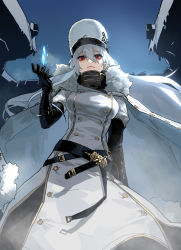  1girl absurdres arm_at_side azur_lane belt black_gloves breasts buttons cape coat coat_dress commentary contrapposto double-breasted elbow_gloves fur-trimmed_coat fur_trim gloves gogalking hair_between_eyes hat high_collar highres ice large_breasts light_smile lips long_hair looking_at_viewer machinery military_hat red_eyes solo sovetskaya_rossiya_(azur_lane) standing turret turtleneck very_long_hair white_coat white_hair white_hat winter_clothes winter_coat  rating:Sensitive score:19 user:danbooru