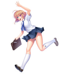  1girl aikawa_arisa aqua_eyes bag bare_legs blonde_hair blue_eyes breasts full_body fuuma_mawari gloves hair_ornament hairclip heterochromia high_heels highres jumping large_breasts lilith-soft looking_to_the_side open_mouth red_eyes running salute school_bag school_uniform shiny_skin short_hair simple_background smile solo taimanin_(series) taimanin_rpgx white_background 