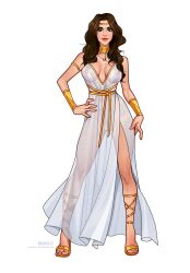  1girl alternate_costume artist_name bracelet breasts brown_eyes brown_hair circlet cleavage dc_comics dress full_body gold_choker hand_on_own_hip highres jewelry long_hair looking_at_viewer medium_breasts nipples olena_minko patreon_username sandals see-through see-through_dress simple_background solo watermark web_address white_background white_dress wonder_woman  rating:Questionable score:49 user:danbooru