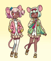  2girls animal_ears blue_bow blush bow coat collared_shirt daikokuten_(fate) dark-skinned_female dark_skin fate/grand_order fate_(series) gradient_background green_coat hair_bow hands_in_pockets highres learning_with_manga!_fgo long_sleeves looking_at_viewer mouse_ears mouse_girl mouse_tail multiple_girls necktie official_alternate_costume official_art one_eye_closed pink_coat red_bow red_eyes red_necktie riyo_(lyomsnpmp) shirt shoes short_hair skirt smile sneakers socks tail thighhighs twintails white_hair white_shirt white_socks white_thighhighs 