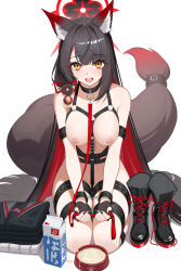  1girl :d animal_ears ankle_boots black_flower black_gloves black_hair black_kimono black_nails blue_archive bondage_outfit boots bottle bound bound_legs bound_wrists breasts brown_hair collar cross-laced_footwear cuffs eyeshadow fingerless_gloves flower fox_ears fox_girl fox_tail full_body gloves gradient_tail hair_flower hair_ornament halo happy harness heart_o-ring high_heel_boots high_heels highres hip_focus holding holding_leash japanese_clothes kimono lace-up_boots large_breasts leash long_hair makeup medium_breasts milk milk_carton multicolored_hair nail_polish nipple_piercing nipples nude open_mouth piercing qianshibu red_eyeshadow red_hair red_halo restrained seiza sitting skirt smile solo tail teeth thighs two-tone_hair unworn_boots unworn_clothes unworn_kimono unworn_skirt upper_teeth_only v_arms very_long_hair wakamo_(blue_archive) yellow_eyes  rating:Questionable score:64 user:danbooru