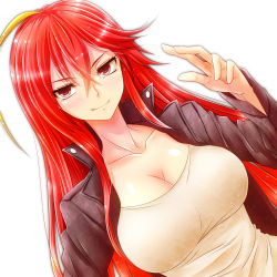  1girl breasts cleavage dutch_angle highres jacket large_breasts leather leather_jacket long_hair looking_at_viewer red_eyes red_hair rip-off_(manga) simple_background smile solo watarui white_hair  rating:Sensitive score:41 user:danbooru