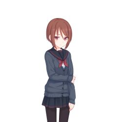  arm_under_breasts black_jacket black_skirt brown_eyes brown_hair jacket looking_at_viewer official_art pantyhose princess_connect! school_uniform shiori_(princess_connect!) shiori_(real)_(princess_connect!) skirt tachi-e transparent_background 