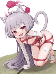  1girl all_fours animal_ears bandage_on_face bandaged_arm bandaged_foot bandaged_leg bandages blue_archive cat_ears cat_girl cat_tail christmas commentary_request fangs female_focus flat_chest full_body grey_hair halo head_tilt highres kemonomimi_mode loli looking_at_viewer naked_ribbon negija nipples open_mouth pink_pupils red_eyes ribbon shuro_(blue_archive) smile solo tail tatami 
