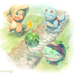  :d bulbasaur charmander closed_eyes commentary_request creatures_(company) day fangs food fruit game_freak gen_1_pokemon grass hat highres holding nijuuni_(njn_22) nintendo no_humans open_mouth outdoors pokemon pokemon_(creature) smile squirtle starter_pokemon_trio straw_hat sunglasses wading water watermelon 