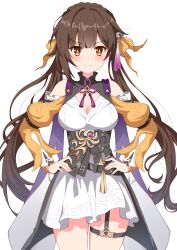  +_+ 1girl absurdres bare_shoulders bell blush breasts brown_eyes brown_hair chinese_clothes closed_mouth commentary cowboy_shot dress fingernails hair_bell hair_ornament hair_ribbon hands_on_own_hips highres honkai:_star_rail honkai_(series) long_hair long_sleeves looking_at_viewer low_twintails numi_(dhsnal0524) puffy_sleeves ribbon simple_background smile solo straight-on sushang_(honkai:_star_rail) tassel tassel_hair_ornament twintails very_long_hair white_background white_dress yellow_ribbon 