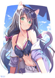  1girl animal_ear_fluff animal_ears bikini bikini_under_clothes black_bikini black_hair blue_jacket blue_sky bow bow_bikini breasts cat_ears cat_tail closed_mouth cloud cloudy_sky commentary_request cowboy_shot dated day drawstring eyewear_on_head frilled_bikini frills green_eyes grey-framed_eyewear hair_bow head_tilt highres jacket karyl_(princess_connect!) karyl_(summer)_(princess_connect!) leaning_forward long_hair looking_at_viewer medium_breasts multicolored_hair navel nozomi_tsubame off_shoulder open_clothes open_fly open_jacket outdoors princess_connect! purple_bow revision short_sleeves shorts sky smile solo standing streaked_hair sunglasses swimsuit tail twitter_username very_long_hair white_hair white_shorts  rating:Sensitive score:24 user:danbooru
