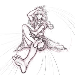 1girl alice_margatroid arm_up barefoot capelet feet female_focus foreshortening hat highres jewelry kuro_suto_sukii legs monochrome short_hair sketch soles solo string toe_ring toes touhou rating:Sensitive score:14 user:danbooru