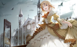 aku_no_meshitsukai_(vocaloid) aku_no_musume_(vocaloid) allen_avadonia androgynous anniversary arm_up bare_shoulders bird bloom blurry blush bow building church clenched_hand clock clock_tower clothes_lift cloud cloudy_sky cross crow crowd depth_of_field door dress dress_bow dress_grab dress_lift evillious_nendaiki flower gender_request grey_sky guillotine hair_down hair_ornament hairclip highres hmniao kagamine_len kagamine_rin lifting_own_clothes light_rays looking_at_viewer open_mouth outdoors puffy_sleeves riliane_lucifen_d&#039;autriche rose scenery short_hair skirt_hold sky smile solo_focus standing tower vocaloid wide_sleeves yellow_dress rating:Sensitive score:8 user:danbooru