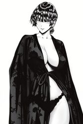  1girl absurdres breasts commentary contrapposto cowboy_shot english_commentary fubuki_(one-punch_man) greyscale grin highres lace lace-trimmed_panties lace_trim large_breasts long_sleeves looking_at_viewer low_ponytail monochrome mostlybluewyatt navel one-punch_man panties short_hair short_ponytail simple_background sleepwear smile solo standing underwear  rating:Sensitive score:51 user:danbooru