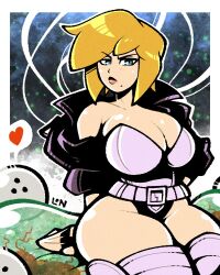  bare_hips blonde_hair blue_eyes breasts cleavage cosplay curvy ghost_in_the_shell kusanagi_motoko kusanagi_motoko_(cosplay) large_breasts legendofnerd leotard metroid metroid_(creature) mole mole_under_mouth nintendo samus_aran sitting tachikoma thick_thighs thighhighs thighs 