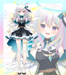 1girl :d arial_yuriko bare_shoulders black_dress blonde_hair blue_hair blue_wings closed_mouth commentary_request detached_wings dress gradient_wings grey_hair hair_between_eyes halo head_tilt jacket long_hair long_sleeves mauve multicolored_hair multicolored_wings multiple_views mythic_live off_shoulder open_clothes open_jacket open_mouth puffy_long_sleeves puffy_sleeves purple_eyes purple_hair ryuushi_aria shoes single_thighhigh sleeveless sleeveless_dress sleeves_past_wrists smile streaked_hair teeth thighhighs upper_teeth_only virtual_youtuber vreverie white_footwear white_jacket white_thighhighs wings yellow_wings