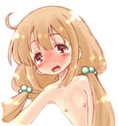  1girl ahoge blush female_focus flat_chest futaba_anzu hair_bobbles hair_ornament highres idolmaster idolmaster_cinderella_girls loli low_twintails nipples open_mouth simple_background solo sweat taryl teeth twintails upper_body white_background  rating:Questionable score:33 user:Dweenie