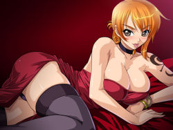  1girl bare_shoulders blush breasts brown_eyes cleavage female_focus kagami_hirotaka large_breasts looking_at_viewer lying nami_(one_piece) on_side one_piece orange_hair smile solo tagme tongue tongue_out  rating:Questionable score:51 user:syvcthr